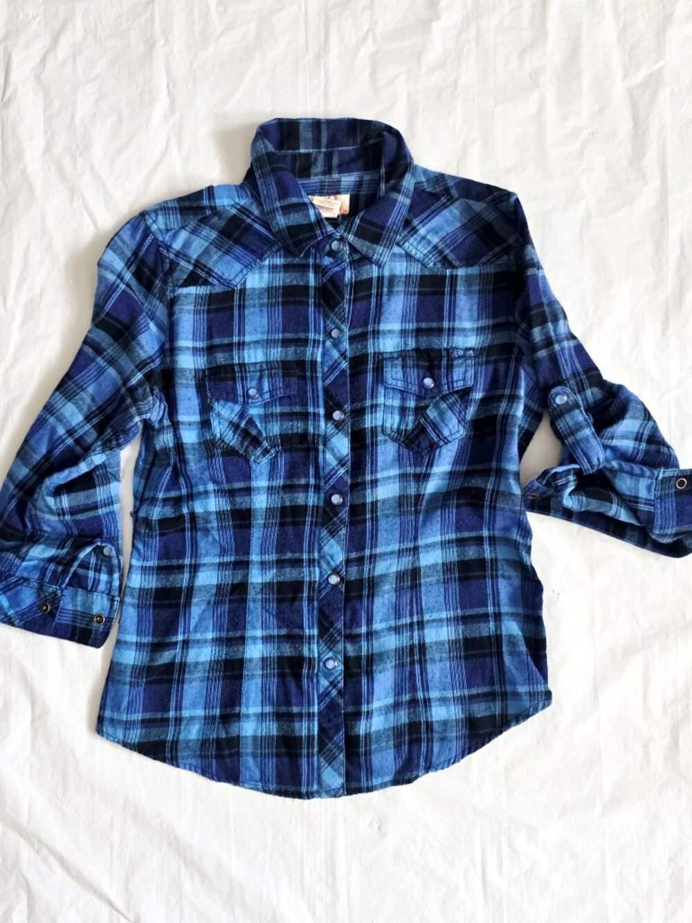 Women's Blue 3/4 Sleeve Flannel Button Up, Med